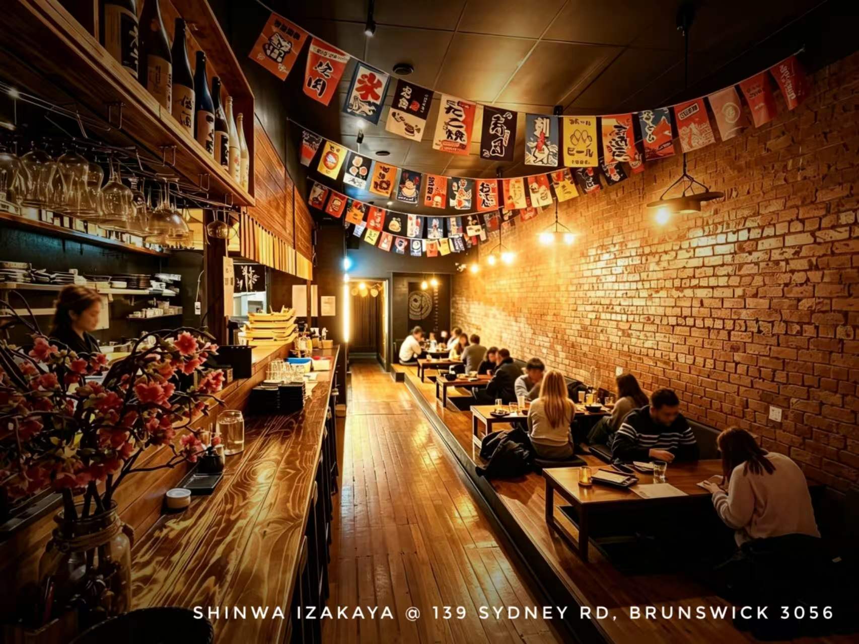 Japanese banners and warmly lit dining room